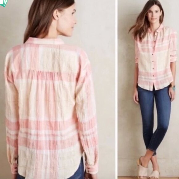 Anthropologie Holding Horses Gailen Plaid Button-Down Pink/Tan/Gold womens 4 - Picture 1 of 7